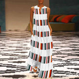 Women Sexy Sleeveless Striped Plaid Patchwork V Neck Maxi Dress
