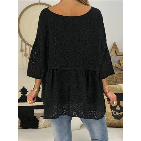 Lace Button Solid Color V Neck Casual Blouse