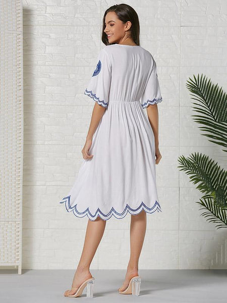 Women New Style  Embroidered Hollow Lace-trimmed Cotton Bohemia Dresses