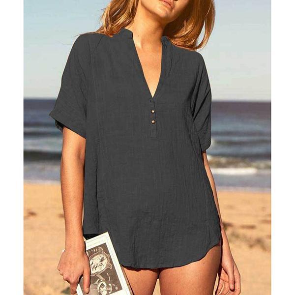 Loose V Neck Solid Color Summer Casual Blouse