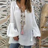 Women Loose V-Neck Flared Sleeve Blouse