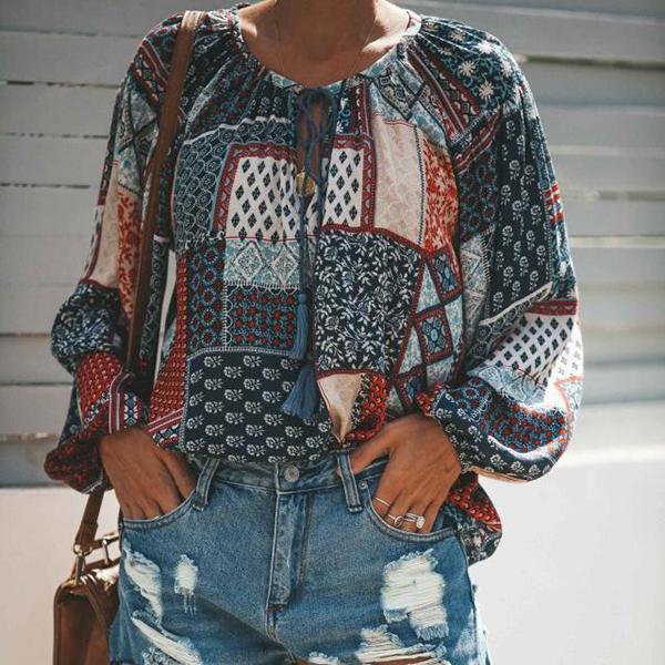 Bohemian V Neck Long Sleeve Blouse