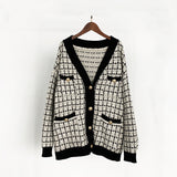 Women Oversized Knitted Loose Plaid Cardigans Sweater