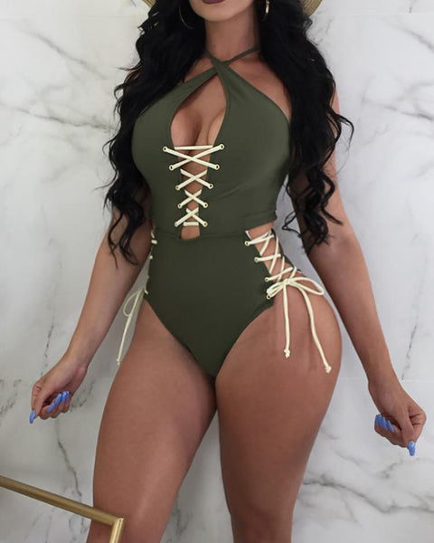 Criss Cross Halterneck Lace-Up One-Piece Swinmwear