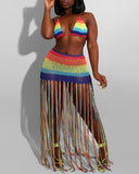 Rainbow Knited Tassel Bikini and Skirts Set