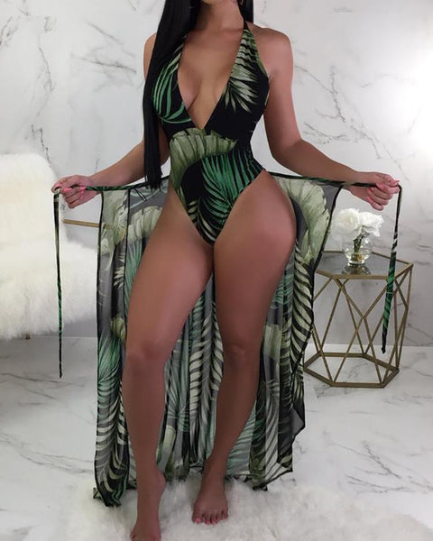 Leaf Print One Piece Swimwear With Cover Up