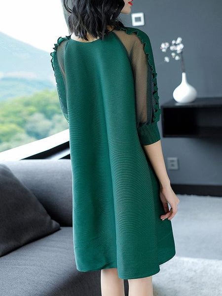 Woman Solid Color Mesh O-Neck Half Sleeves Midi A-Line Dresses