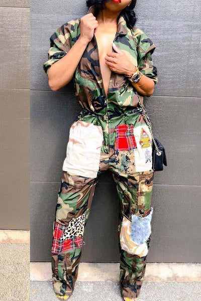 Women Fashion  Casual Patchwork Camouflage Printed  Jumpsuits