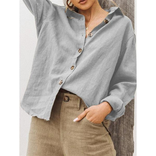 Solid Color  Lapel Neck Button Blouse