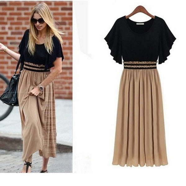 Women Summer Short Sleeve Vintage Slim Waist One-piece Maxi Dress