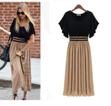 Women Summer Short Sleeve Vintage Slim Waist One-piece Maxi Dress