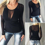 Plain Round Neck Long Sleeve See-Through Sexy Blouses