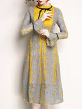 Yellow Hollow Out Contrast Bowknot O-Neck Long Sleeves Flare Sleeves Shift Dresses