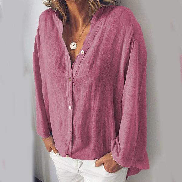 Cotton and  Linen V-neck Solid Color Loose Casual Blouses