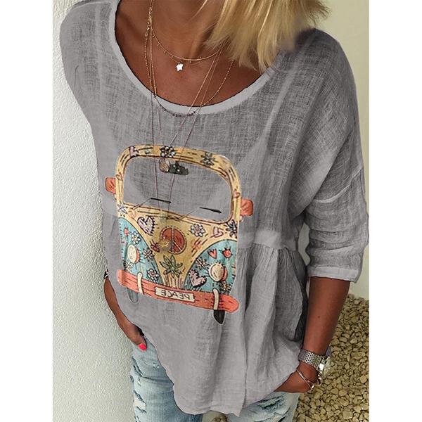 Casual Loose 3/4 Sleeve Round Neck Printed Tops