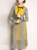 Yellow Hollow Out Contrast Bowknot O-Neck Long Sleeves Flare Sleeves Shift Dresses