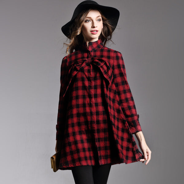 New stand collar long sleeve button loose big swing chest bow coat