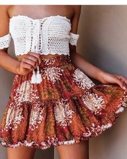 Boho Floral Print Ruffle Mini Skirt A-Line Casual Beach Summer
