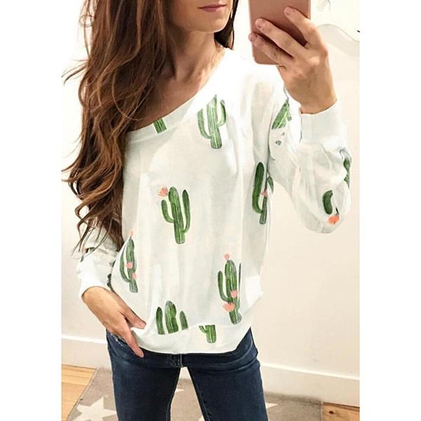 Women Cactus Printed O-Neck Blouses
