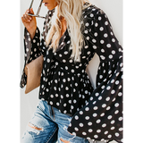 Sexy V Neck Polka Dot Lace-Up Blouse