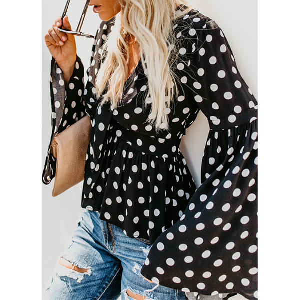 Sexy V Neck Polka Dot Lace-Up Blouse