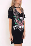 Women Women's Choker Cutout V-Neck Eagle Printed Short Sleeve Mini T-Shirt Dress