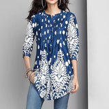 3/4 Sleeve Pintuck Notch Neck Tunic Button Print Ruffle Blouse