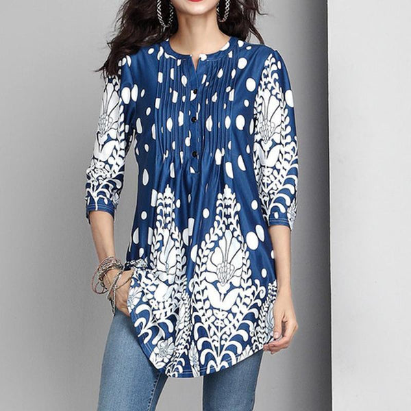 3/4 Sleeve Pintuck Notch Neck Tunic Button Print Ruffle Blouse