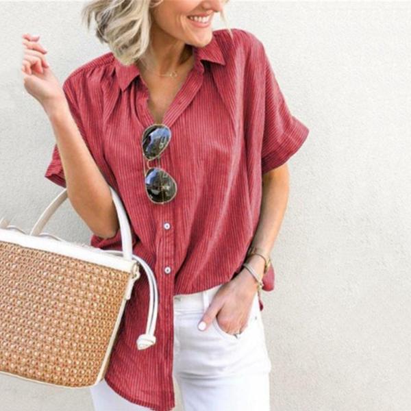 Striped Lapel Short Sleeves Button Blouse