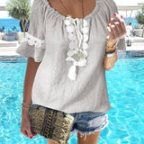 Plus Size Casual Neckline Drawstring Lace Short Sleeves Top