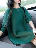 Woman Solid Color Mesh O-Neck Half Sleeves Midi A-Line Dresses