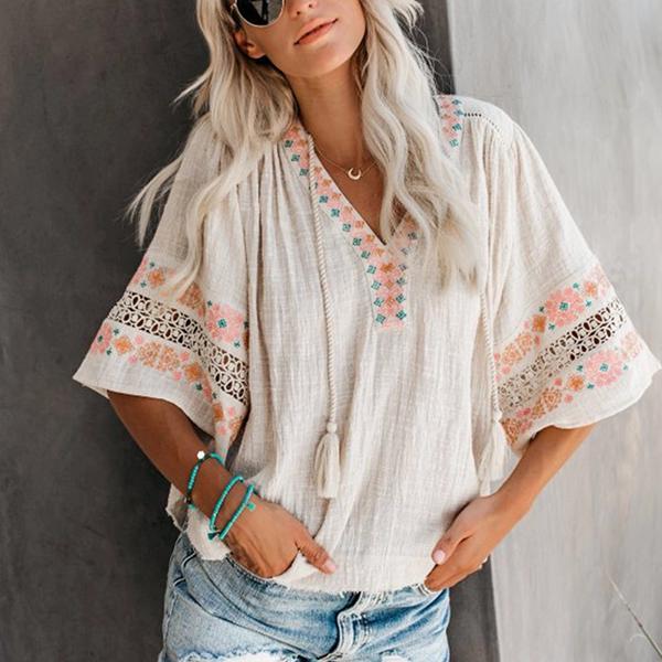 Casual V-Neck Printed Openwork Tops