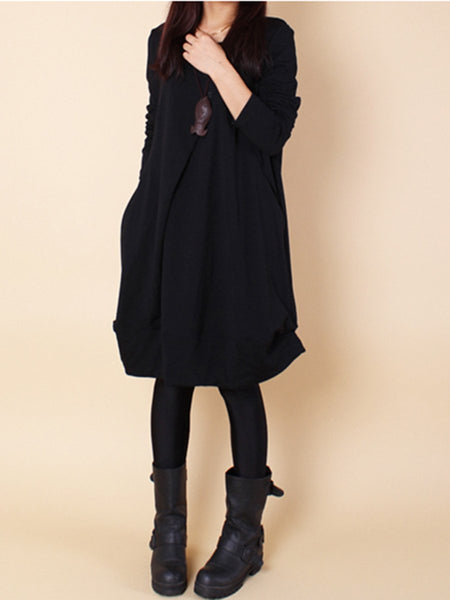 Casual Round Neck Solid Pocket Shift Dress