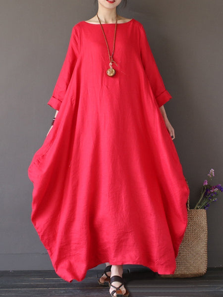 Round Neck Pocket Plain Maxi Dress