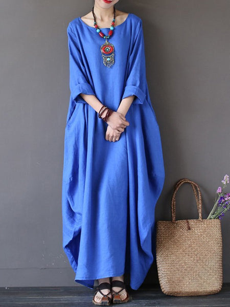 Round Neck Pocket Plain Maxi Dress