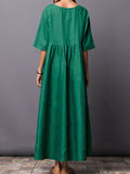 Round Neck  Plain  Cotton/Linen Maxi Dress