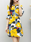 Round Neck  Patchwork  Floral Printed  Bell Sleeve Shift Dress