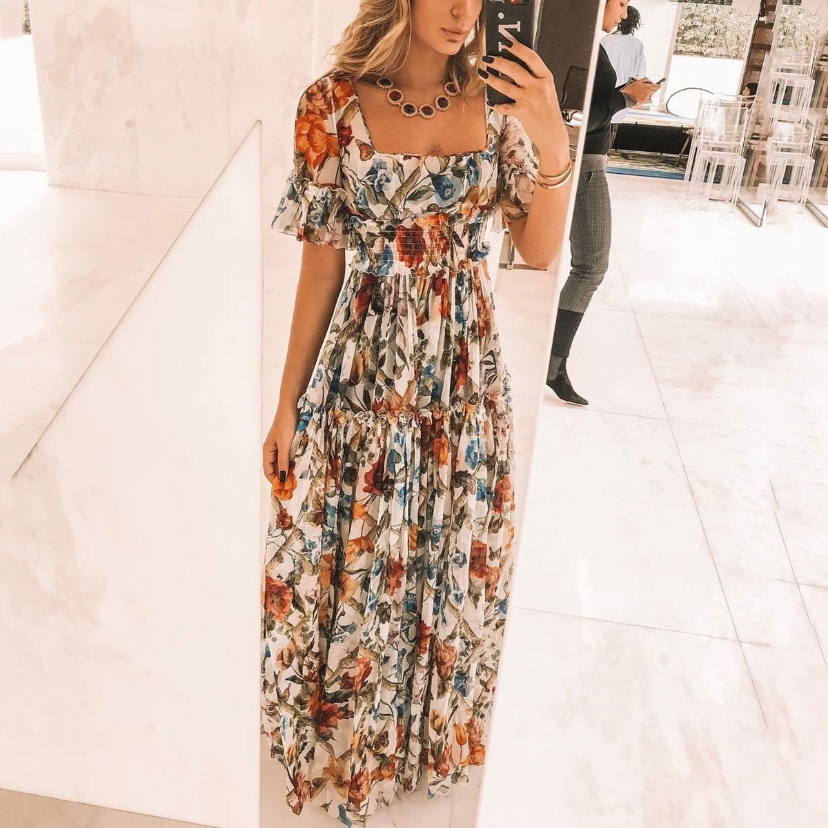 Boat Neck Wrapped Chest Short Sleeve Floral Print Maxi Dress – ebuytrends