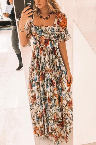 Boat Neck Wrapped Chest Short Sleeve Floral Print Maxi Dress