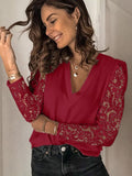 V neck fashion lace long sleeve slim T-shirts