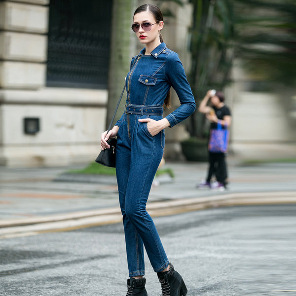 Lapel zip long-sleeved high-rise jumpsuit jeans