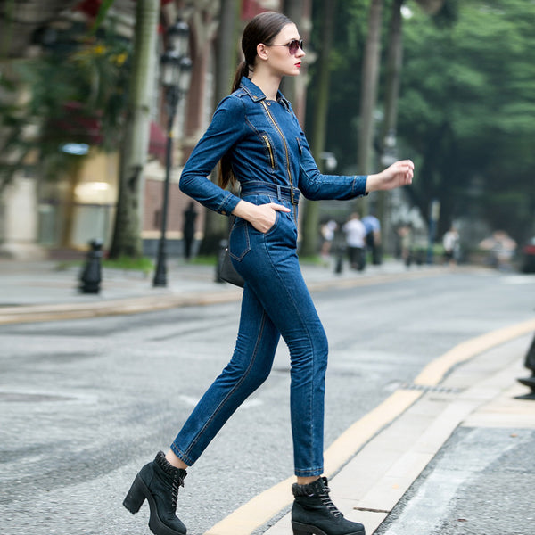 Lapel zip long-sleeved high-rise jumpsuit jeans