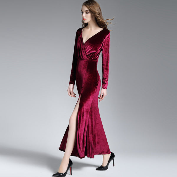 Gold velvet split deep V-neck long-sleeved Maxi dress