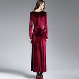 Gold velvet split deep V-neck long-sleeved Maxi dress