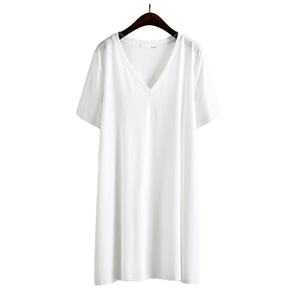Solid Short Sleeve V-neck Loose Long T-shirts