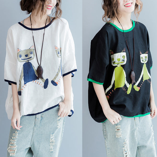 Women Summer Korea Style Cotton Linen Cartoon Cat T-shirts