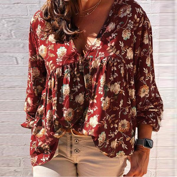 Vintage V-Neck Floral Long Sleeve Tops