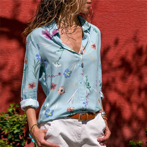 Long Sleeve Floral Casual Turn Down Collar Ladies Blouses