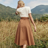 2022 Women Cotton Linen Buttons Belt  Solid Color A-shaped Elegant High-waisted Midi Long Skirt