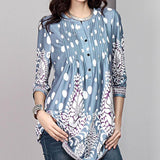 3/4 Sleeve Pintuck Notch Neck Tunic Button Print Ruffle Blouse